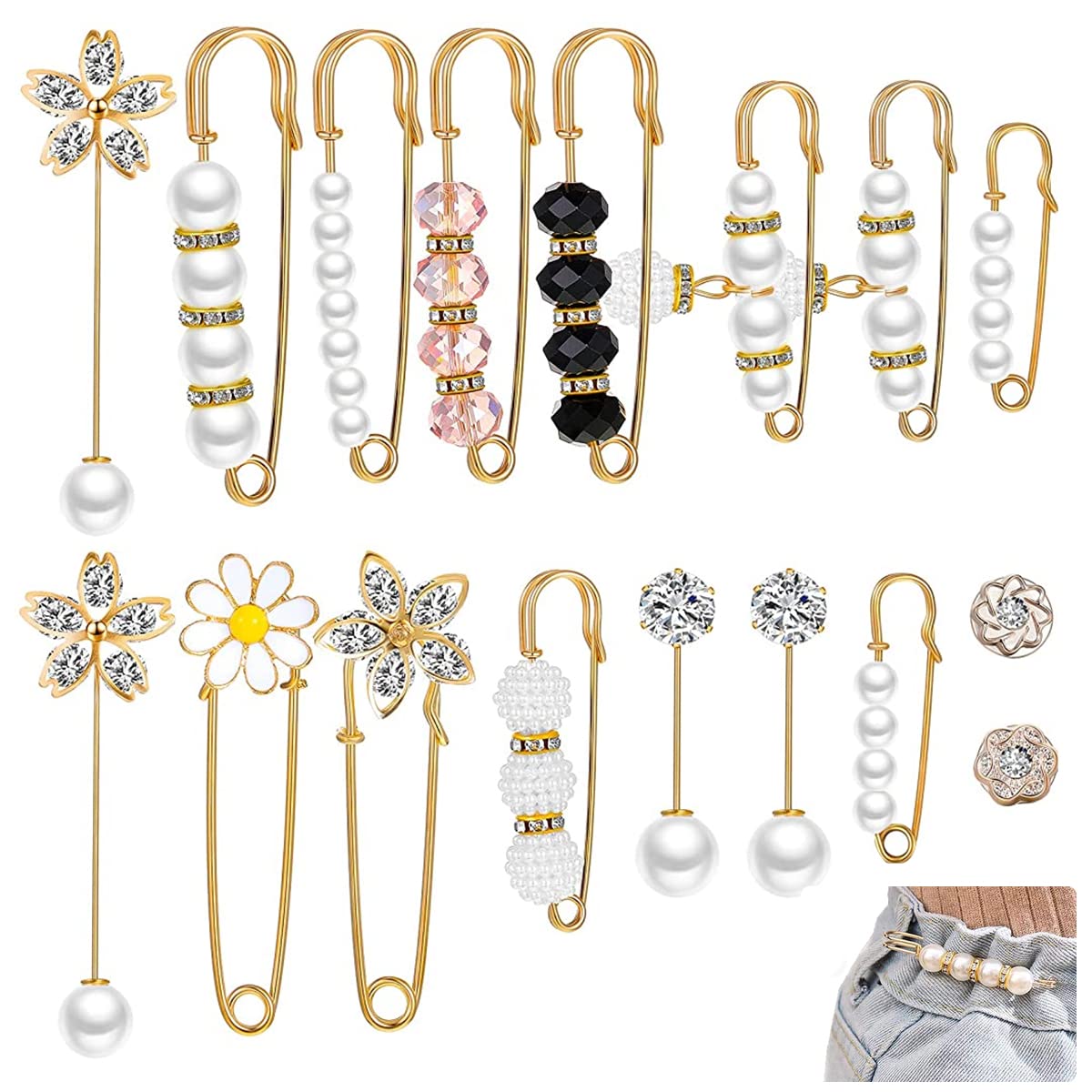 SANNIDHI  17 Pieces Pearl Brooch Pins Sweater Shawl Clips Faux Pearl Rhinestones Collar Safety Pin for Women Girls Clothing Dresses Saree Brooch for Women Heavy Duty Alloy Brooch SANNIDHI  17 Pieces Pearl Brooch Pins Sweater Shawl Clips Faux Pearl Rhinestones Collar Safety Pin for Women Girls Clothing Dresses Saree Brooch for Women Heavy Duty Alloy Brooch